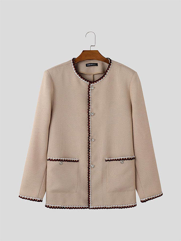 Mens Solid Color Checkered Long Sleeve Cardigan SKUK84778