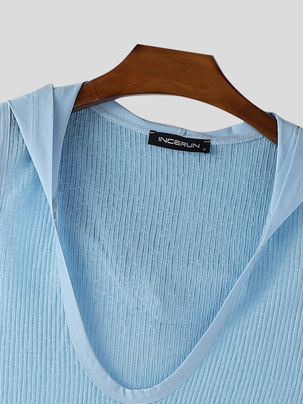 Men's Solid Color Textured Long Irregular Hem Hooded Tank SKUL54058