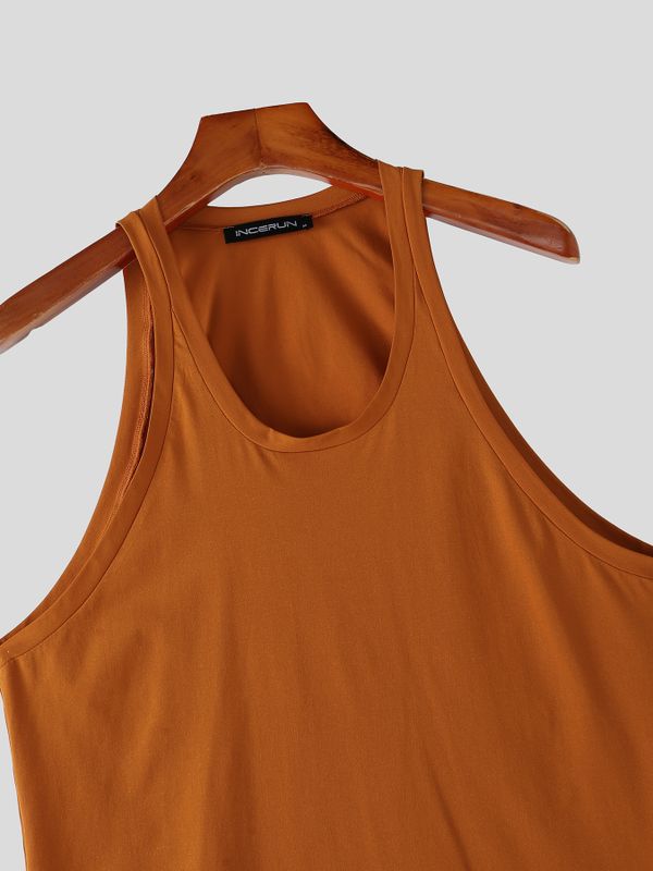 Men's Basic Athletic Muscle Fit Solid Color U-Neck Tank SKUL71395