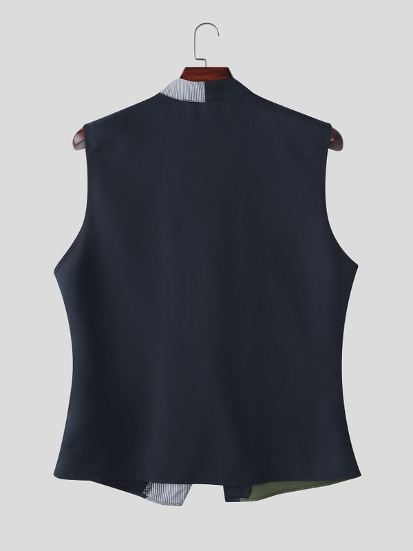 Men's Avant-Garde Color Block Asymmetrical Diagonal Button Stand Collar Tank SKUL75612