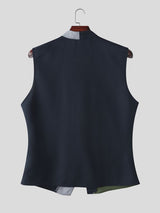 Men's Avant-Garde Color Block Asymmetrical Diagonal Button Stand Collar Tank SKUL75612