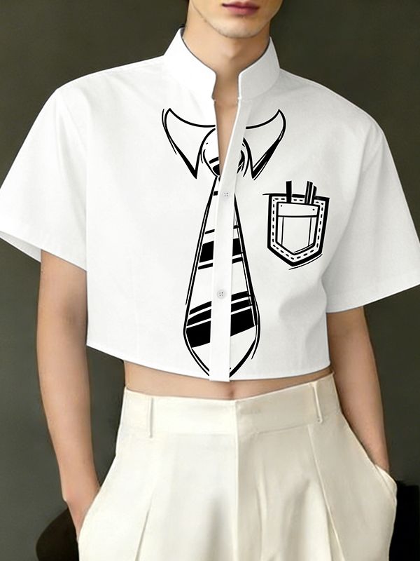 Men's Avant-Garde Trompe L'oeil Tie Print Deconstructed Mandarin Collar Cropped Short Sleeve Shirt SKUL65900