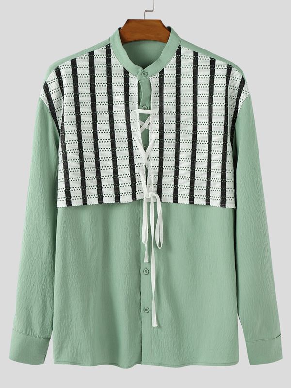 Men's Color Block Stand Collar Long Sleeve Shirt SKUL39392