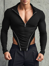 Mens Cut-Out Design Metal Zipper Long Sleeve T-Shirt SKUK97827