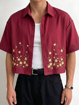 Men's Japanese Casual Boxy Cropped Floral Print Short Sleeve Shirt SKUL74583