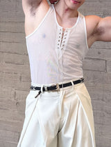 Men's Avant-Garde High Stretch Sheer Mesh Metal Chain Lace-Up Deep Scoop Neck Tank SKUL60132