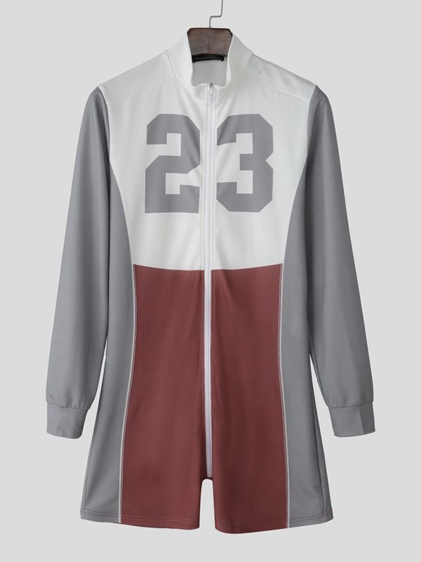 Men's Number Print Zip Long Sleeve Bodysuit SKUL31985