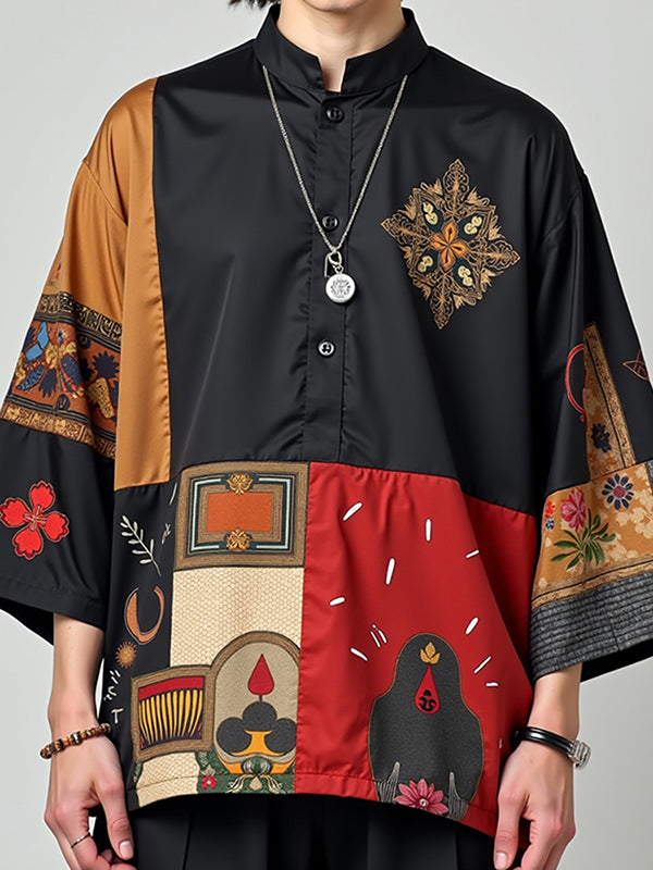 Mens Ethnic Print Color Block Long Sleeve Shirt SKUL02374