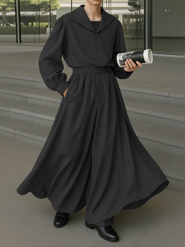 Men's Solid Color Long Hem Sailor Collar Two Pieces Outfit SKUL32756