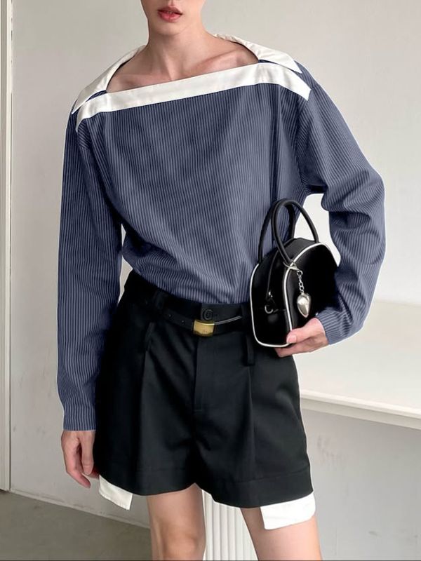 Men's Off Shoulder Contrast Color Long Sleeve Shirt SKUL47596