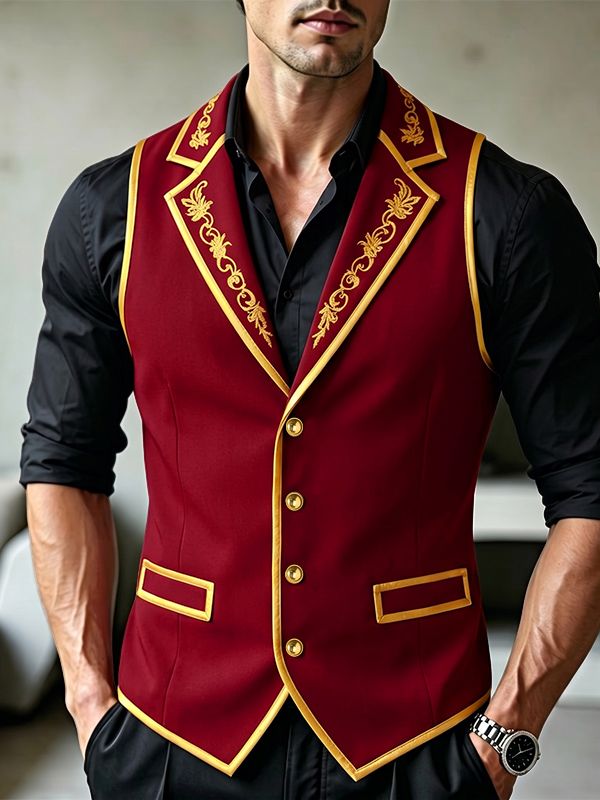 Men's Retro Party Gold Floral Embroidery Contrast Trim Sleeveless Lapel Collar Waistcoat SKUL76451