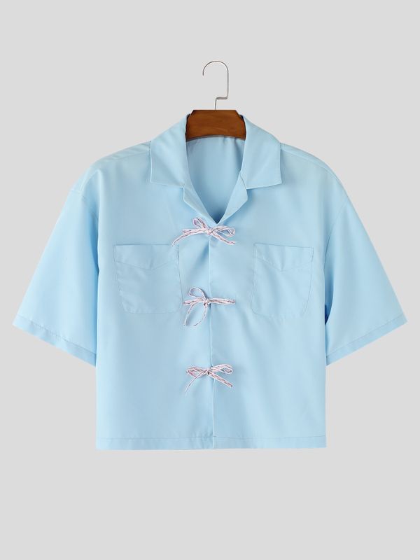 Men's Minimalist Double Pocket Bow Tie Short Sleeve Shirt SKUL58724
