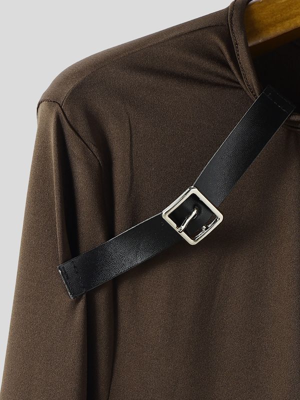 Men's Solid Color Leather Buckle Patchwork Long Sleeve T-shirt SKUL42293