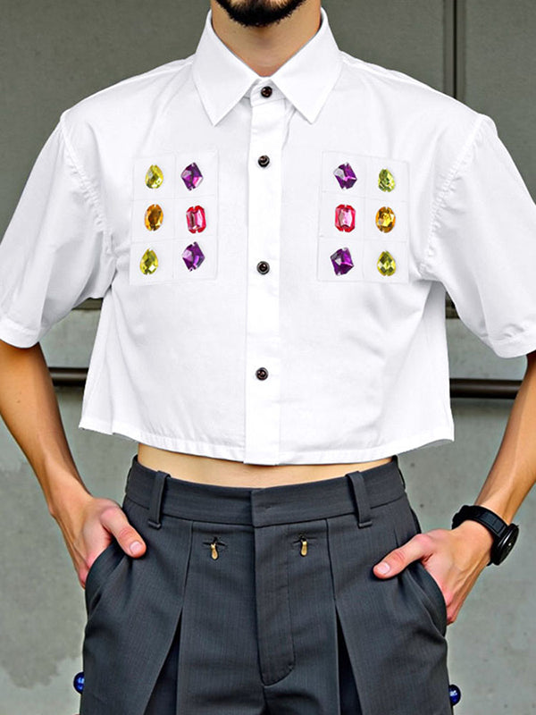 Mens Rhinestone Patchwork Cropped Short Sleeve Shirt SKUL13709