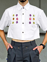 Mens Rhinestone Patchwork Cropped Short Sleeve Shirt SKUL13709