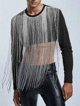 Men's Silver Tassel Patchwork Cropped Long Sleeve T-Shirt SKUL23924