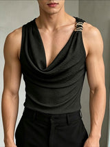 Men's Avant-Garde Dandy Aesthetic Metal Ring Detail Cowl Neck Fitted Tank SKUL69203