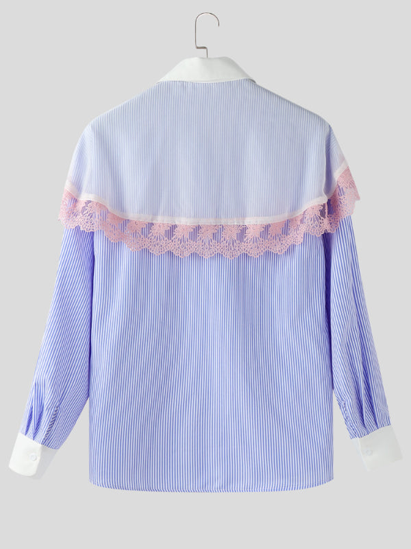 Men's Lace Trim Patchwork Striped Long Sleeve Shirt SKUL22820
