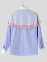 Men's Lace Trim Patchwork Striped Long Sleeve Shirt SKUL22820