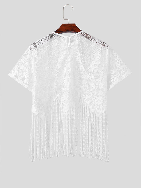 Mens Fringe Lace See Through Crop Top SKUK54943