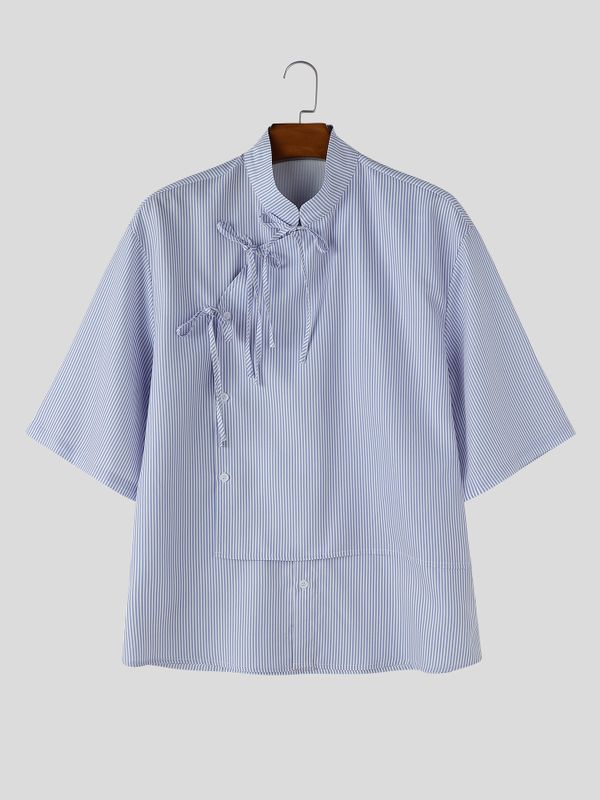 Men's Avant-Garde Neo-Chinese Pinstripe Ribbon Asymmetrical Shirt SKUL63952