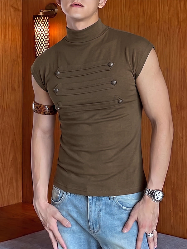 [Pre-order] Men's Vintage Military City Walk Hussar Pleated Studded Mock Neck Tank SKUL86870