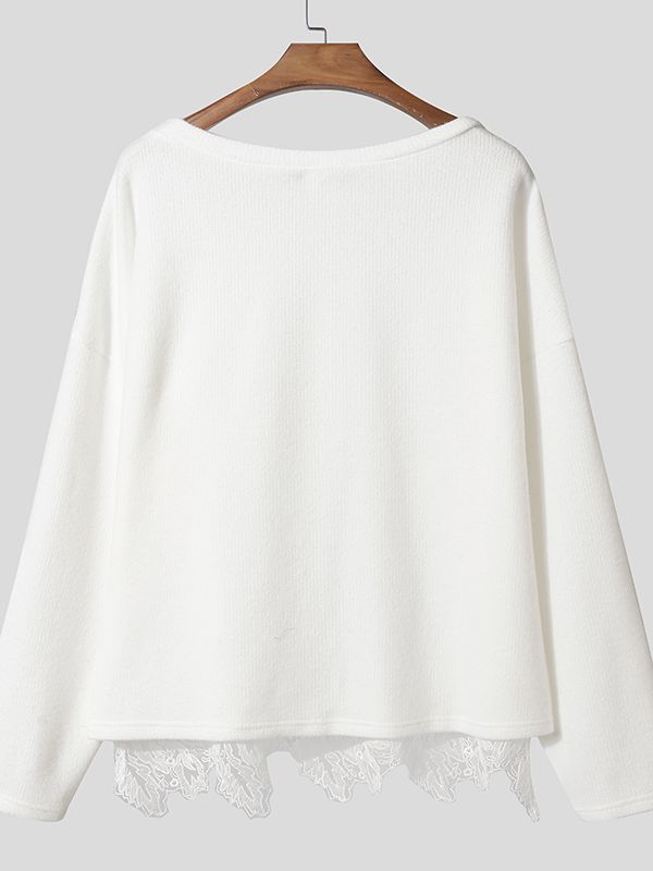 Men's Sheer Lace Patchwork Off Shoulder Long Sleeve T-shirt SKUL43611