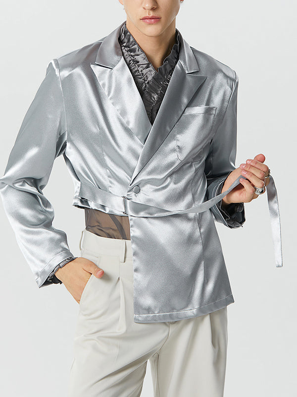 Mens Satin Buckle Irregular Hem Casual Blazer SKUK25684