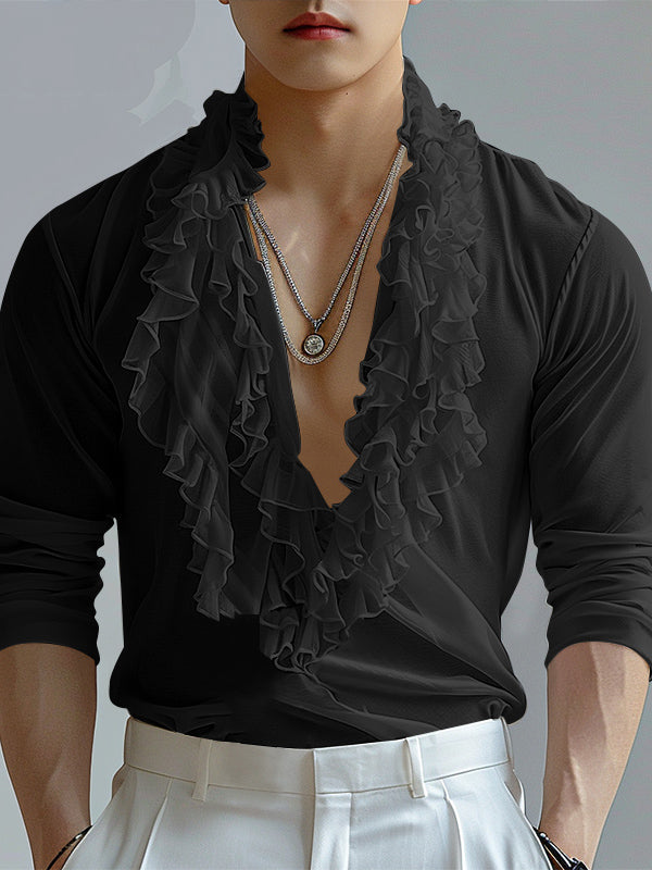 Mens Ruffle Edge Design Sheer Long-Sleeve Shirt SKUK78587