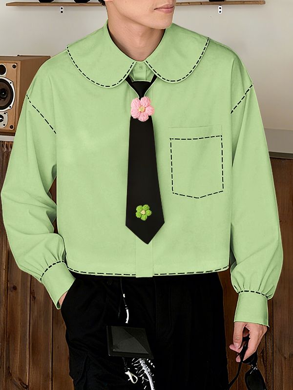 Men's Dashed Print 3D Floral Tie Long Sleeve Shirt SKUL39788