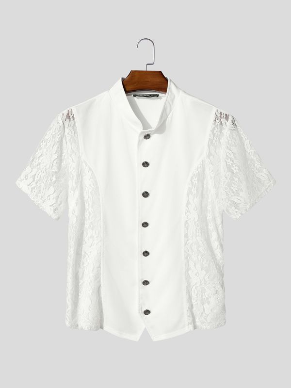 Men's Slim Fit Mandarin Collar Floral Lace Sleeves Shirt SKUL65339