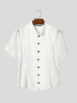 Men's Slim Fit Mandarin Collar Floral Lace Sleeves Shirt SKUL65339