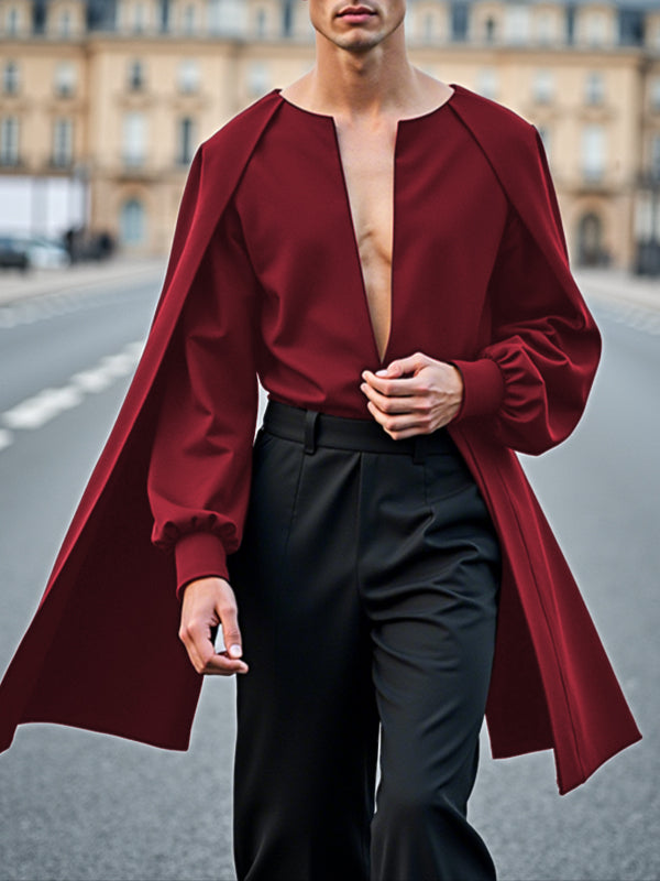 Men's Cape Patchwork Hollow Long Sleeve Shirt SKUL41719