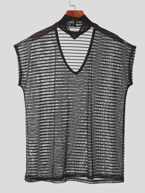 Mens Striped See Through Cap Sleeve T-Shirt SKUK64314