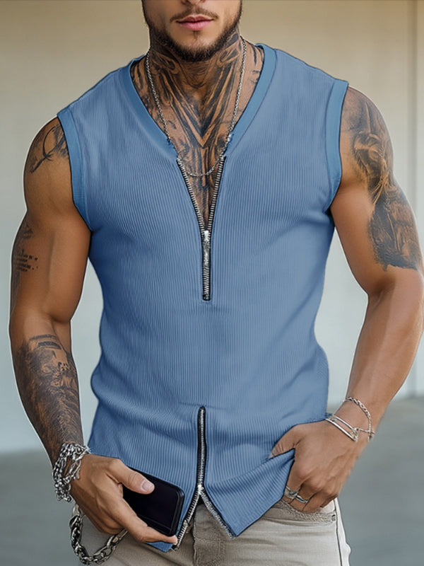 Mens Solid Color Textured Zipper Casual Tank SKUL20207