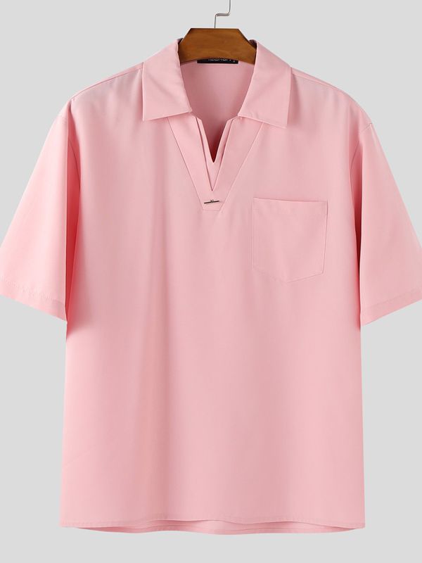 Men's Solid Color Casual V Neck Short Sleeve Shirt SKUL38085