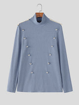 Men's Metal Buckle Decor High Neck Knitted Long Sleeve Sweater SKUL39035