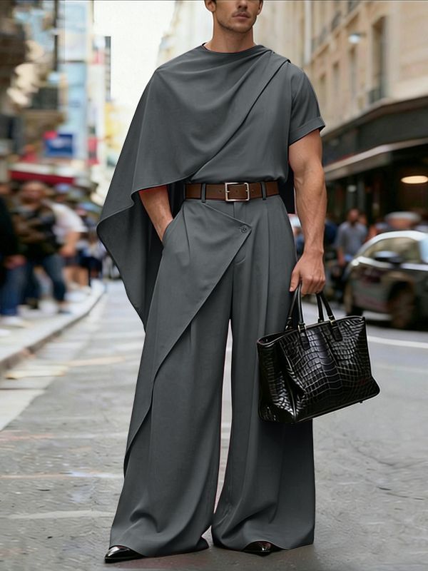 Men's Avant-Garde High Fashion Cape Sleeve Draped Two Pieces Outfit SKUL57083