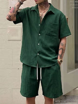 Men's Vintage High Street Slub Pleated Textured Two Pieces Outfit SKUL72615