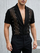 Men's Avant-Garde Pearl Beaded Mesh Patchwork Short Sleeve Cuban Collar Shirt SKUL64296