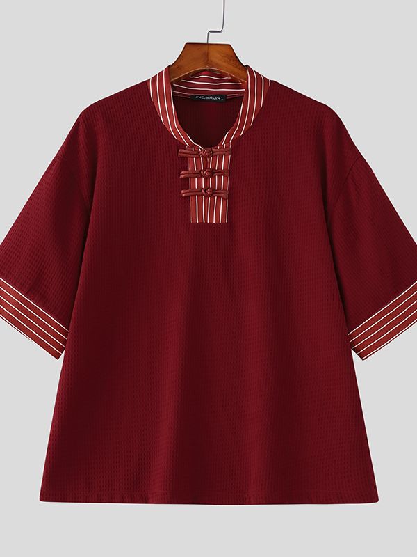 Men's Vintage Casual Frog Button Striped V-Neck Short Sleeve Shirt SKUL60236