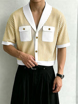 Men's Vintage Preppy Vertical Striped Knit Contrast Shawl Collar Pocket Short Sleeve Shirt SKUL63829