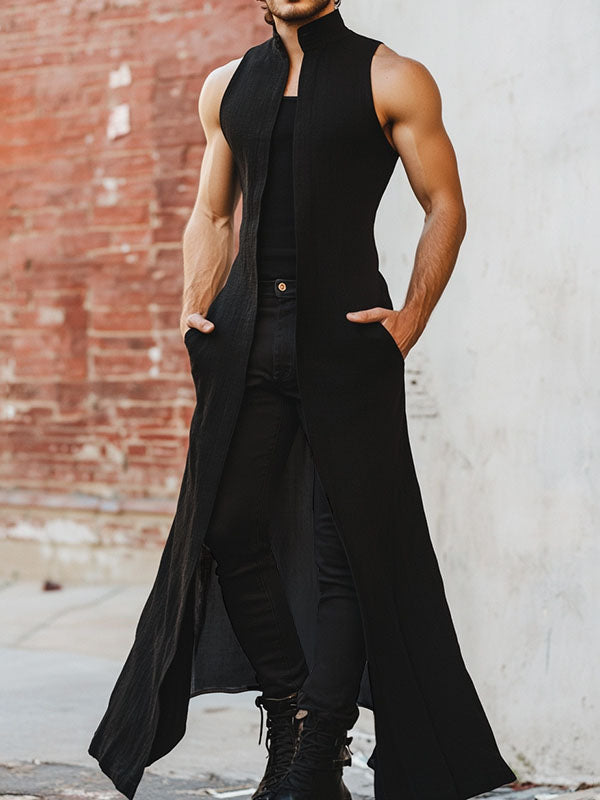 Mens Solid Color Stand Collar Sleeveless Long Cardigan SKUL05725