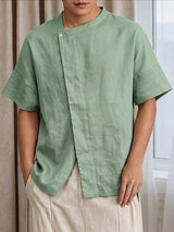 Men's High-Street Neo-Chinese Asymmetric Covered Placket Short Sleeve Shirt SKUL74759