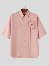 Men's K-Pop Streetwear 3D Floral Applique Ribbon Detailed Short Sleeve Shirt SKUL76570