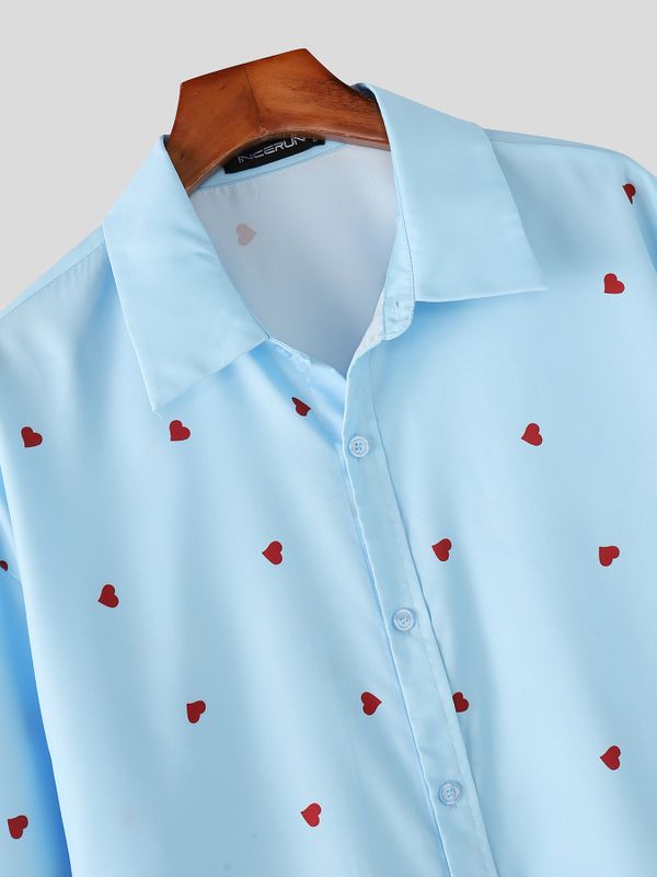 Men's All-Over Mini Heart Print Casual Cuban Collar Short Sleeve Shirt SKUL66955