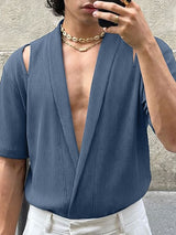 Men's Avant-Garde Ribbed Crossover Deep V-Neck Cold-Shoulder Shirt SKUL56539