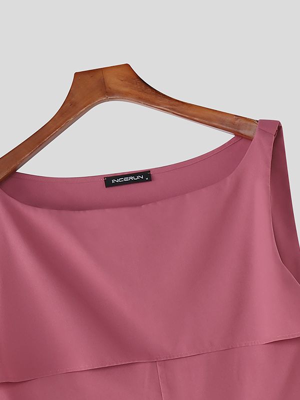 Men's Solid Color Ribbon Flap Off Shoulder Tank SKUL42647