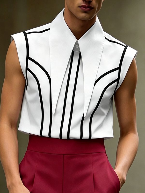 Men's Avant-Garde Futuristic Pointed Collar Colorblock Piping Sleeveless Shirt SKUL66063
