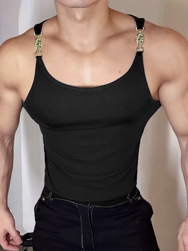 Men's Avant-Garde High Street Metal Chain Buckle Ribbed Tank SKUL70413